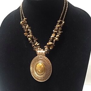 Brown and Gold Tone Beaded Necklace with Stone Pendant